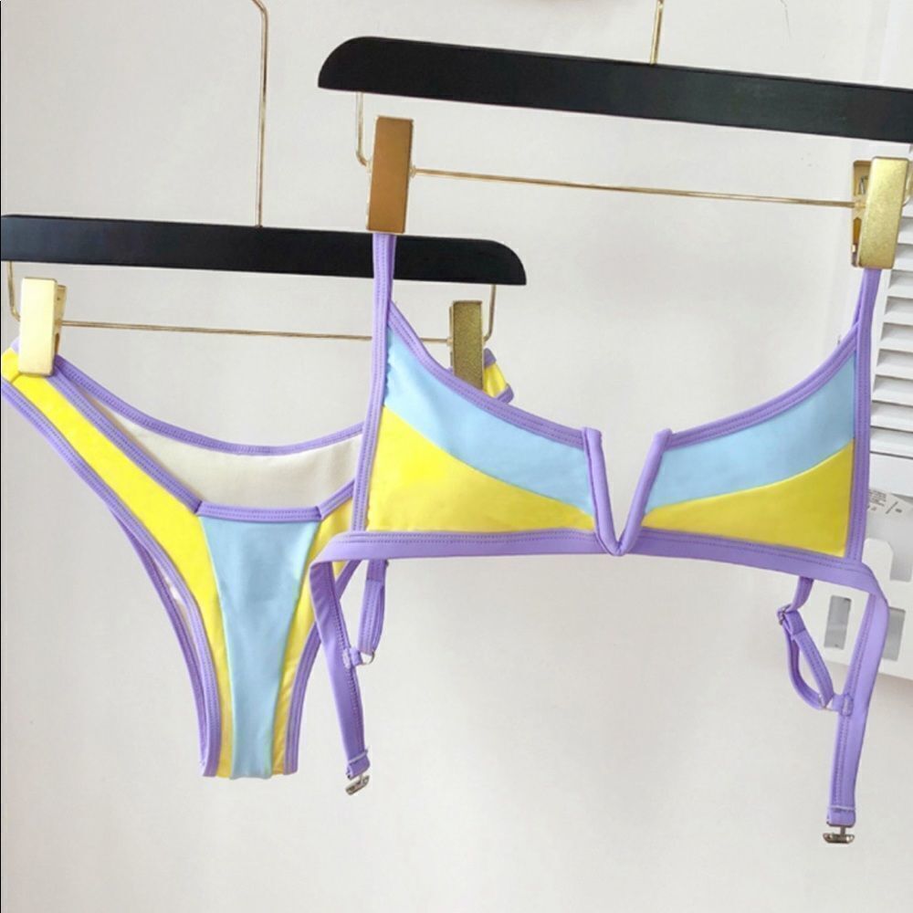 NEW! Multi Color Pastel Color Block V-Wire Front Bikini - Picture 7 of 10